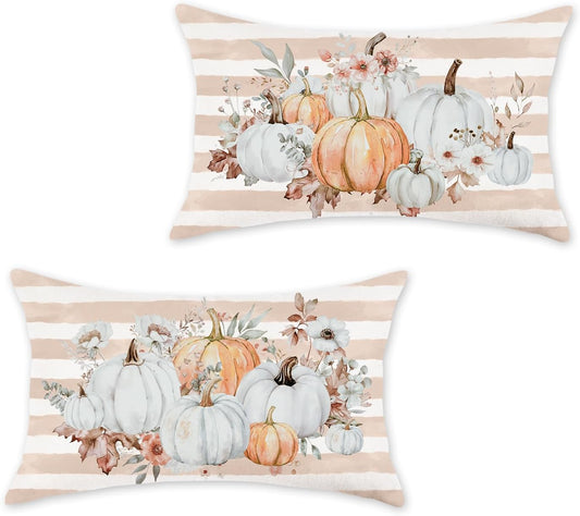 Pumpkins Floral Fall Pillow Covers 12x20 Inch Set of 2 Pink Stripe Autumn Decorative Throw Pillows Farmhouse Seasonal Thanksgiving Cushion Cases for Sofa Couch Home