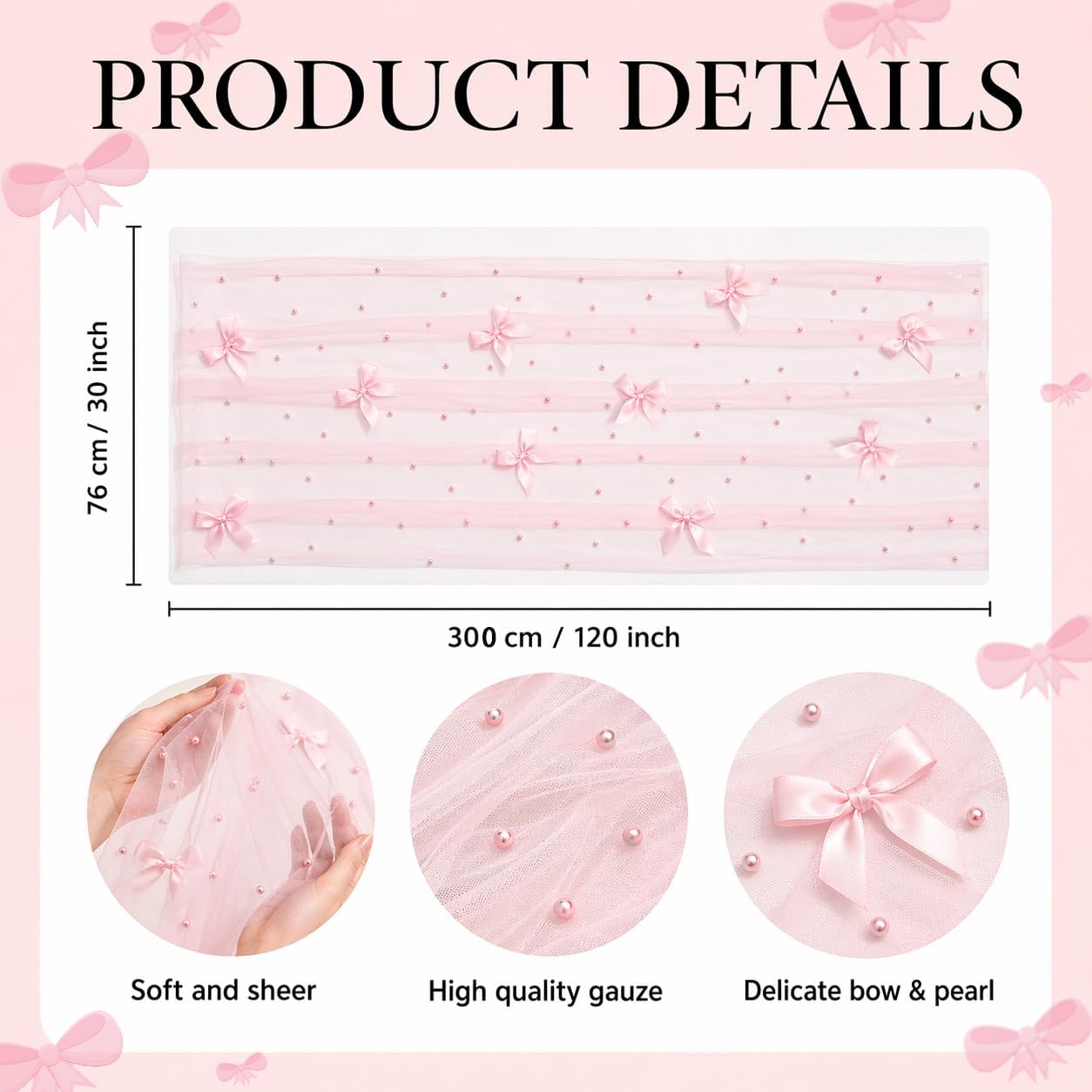 Pearl Table Runner for Wedding, 30x 120inch Pink Bow Gauze Table Runner for Holiday Wedding Birthday Bridal Shower Table Decor Home Party(Pink)
