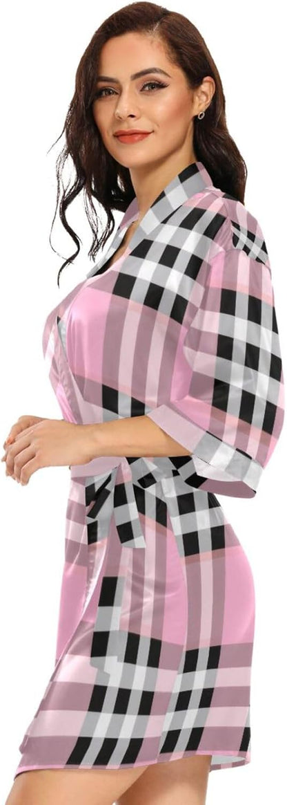 Black White Pink Checkered Plaid Womans Bathrobe Classic Womans V Neck Nightshirt for Home Beach