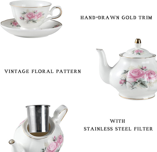 Sweejar Porcelain Tea Set Vintage Floral, British Relief Gold Rim Teapot Cup and Saucer Sets, 22-Piece Tea Sets for Adults, with Teapot, Sugar Bowl, Milk Jug, Spoons, Cup and Saucer (Pink Flower)
