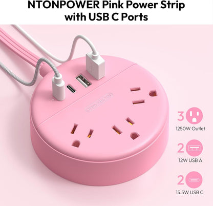 NTONPOWER Pink Extension Cord 5ft, Cute Power Strip with 3 AC Outlets & 2 USB C & 2 USB A, Flat Extension Cord, Wall Mount, Flat Plug Power Strip for Home, Dorm, Vanity Desk, Women Essential