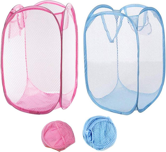 Qtopun Mesh Popup Laundry Hamper, Foldable 2 Pack Portable Dirty Clothes Basket Collapsible Dirty Clothes Hamper for Bedroom, Kids Room, College Dormitory and Travel (Light Blue+Pink)