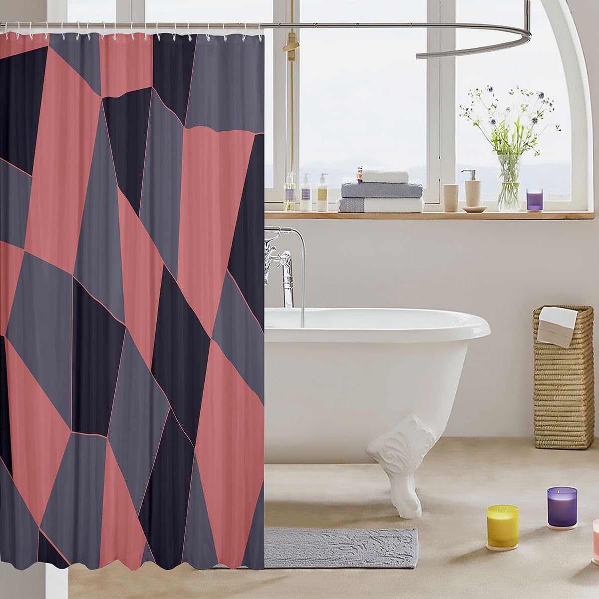 Erosebridal Abstract Shower Curtain 72" Wx78 L Geometric Waterproof Bathroom Accessories Minimalism Modern Abstract Art Bath Curtain for Bathroom Showers Geometric Blocks Pink