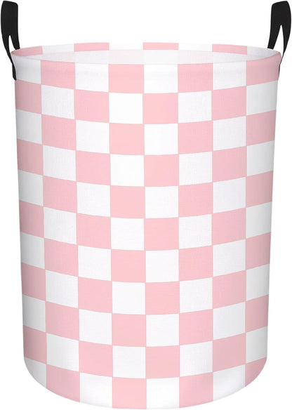 Boys Checkered Laundry Basket Collapsible Baby Gift Hamper Girls Canvas Toy Organizer Bins Kids Car Nursery Room Decor (Pink)