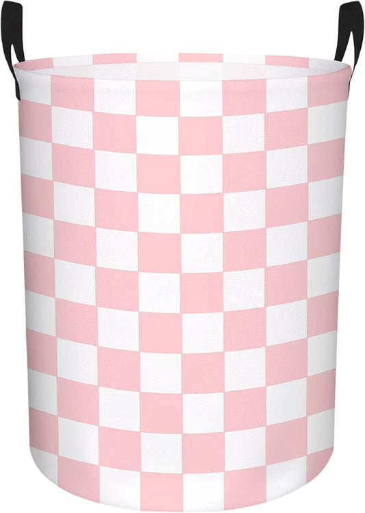Boys Checkered Laundry Basket Collapsible Baby Gift Hamper Girls Canvas Toy Organizer Bins Kids Car Nursery Room Decor (Pink)