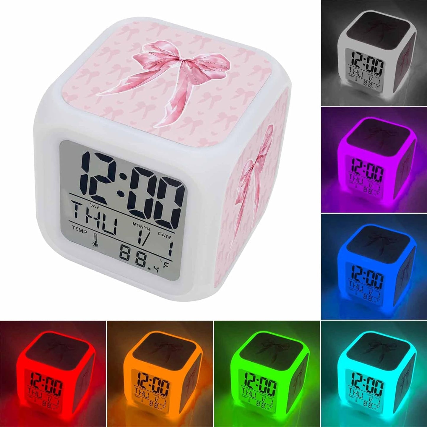 Pink Bow Alarm Clock, Cute Coquette Watercolor Bow Knot Ribbon Love Heart Digital Clock Night Light with 7 Color, Calendar Temperature Display, NightLight Clock for Bedroom, 3.2x3.2in