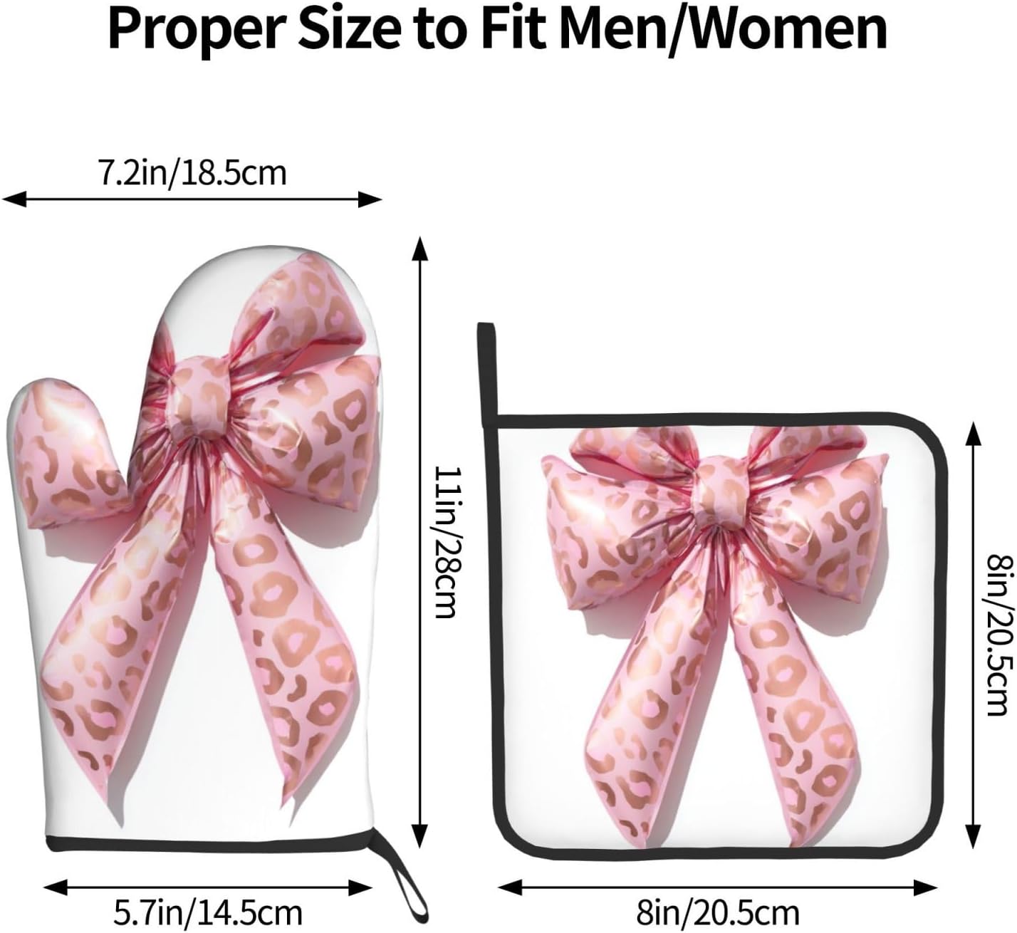 Light Pink Bow Balloon Leopard Print Oven Mitts and Pot Holders Sets,Heat Resistant Potholder Kitchen Decor for Cooking Baking BBQ, Oven Glove Set