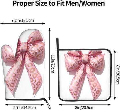 Light Pink Bow Balloon Leopard Print Oven Mitts and Pot Holders Sets,Heat Resistant Potholder Kitchen Decor for Cooking Baking BBQ, Oven Glove Set