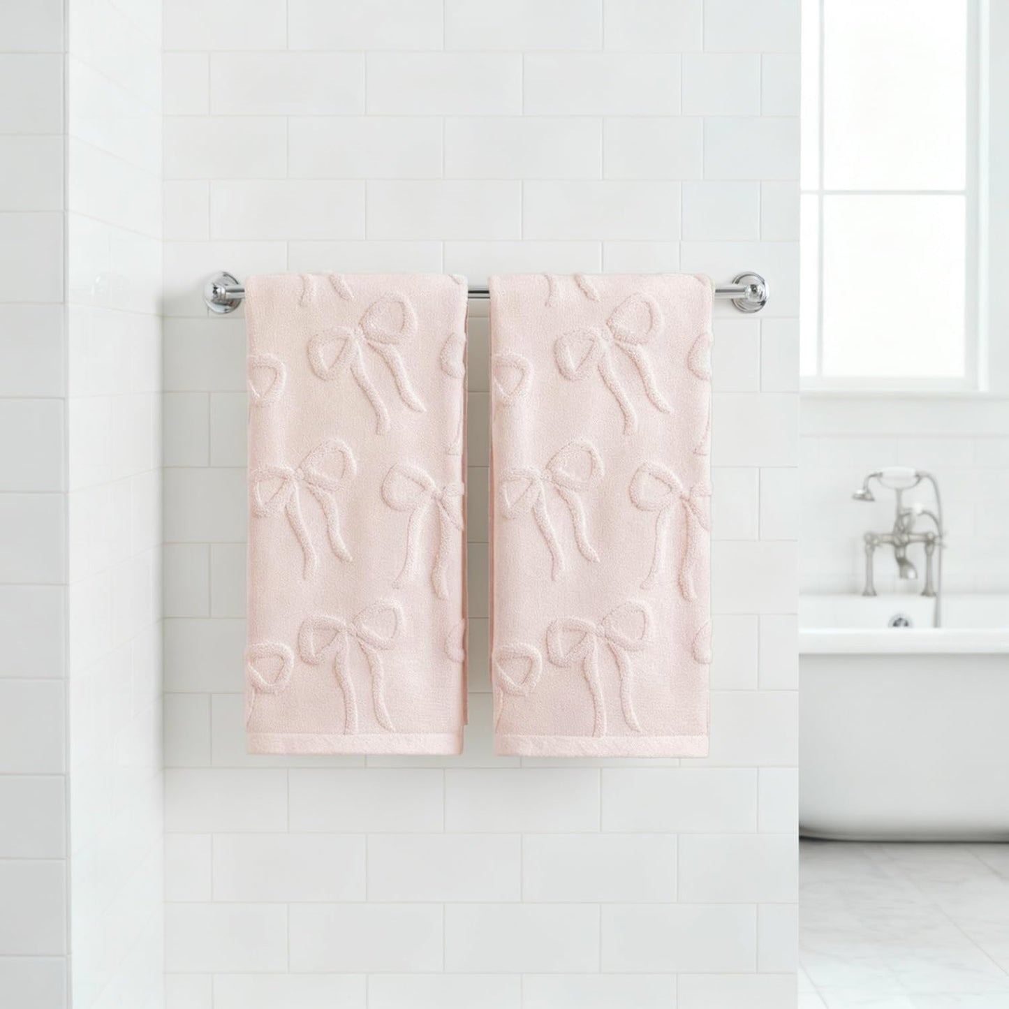Artoid Mode 2 Pcs Pink 3D Bowknot Jacquard Hand Towels for Bathroom, 100% Cotton Soft Absorbent Bathroom Decor Towels, 13.7 x 29.5 Inch
