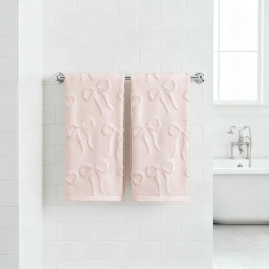 Artoid Mode 2 Pcs Pink 3D Bowknot Jacquard Hand Towels for Bathroom, 100% Cotton Soft Absorbent Bathroom Decor Towels, 13.7 x 29.5 Inch