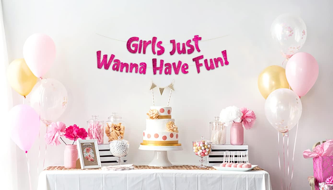 Pre-Strung Girls Just Wanna Have Fun Neon Pink Glitter Banner - Bachelorette Party Decorations for Her - Party Supplies, Favors and Gifts