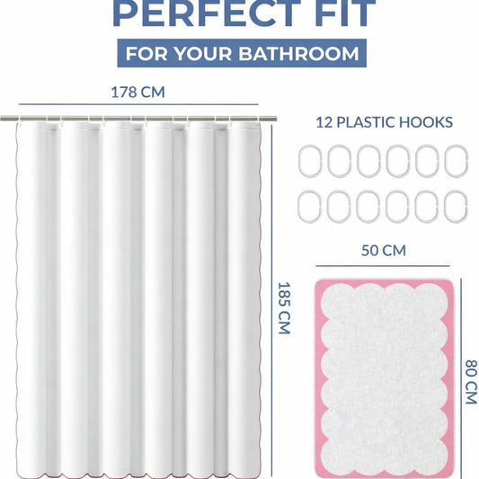 Hutch & Harbor Scalloped Shower Curtain Set, Water-Resistant Fabric Bath Curtain with Mat and Hooks, Modern Bathroom Decor, 72 x 72 Inch (White with Pink Trim)