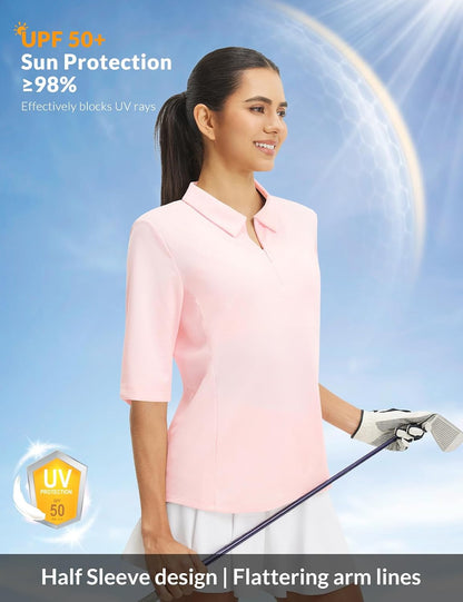 baleaf Women's Golf Shirts Half Sleeve Elbow Length Sleeves Polo Tops Workout Athletic Collared Quarter Zip V Neck UPF