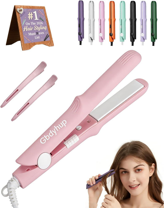Mini Dual Purpose Curling Iron for Short Hair Portable Travel Size Curling Iron 2026 New 2 in 1 Straightener and Curler Small Flat Irons for All Hair Types Hairs Styling Tool for Home (Light Pink)