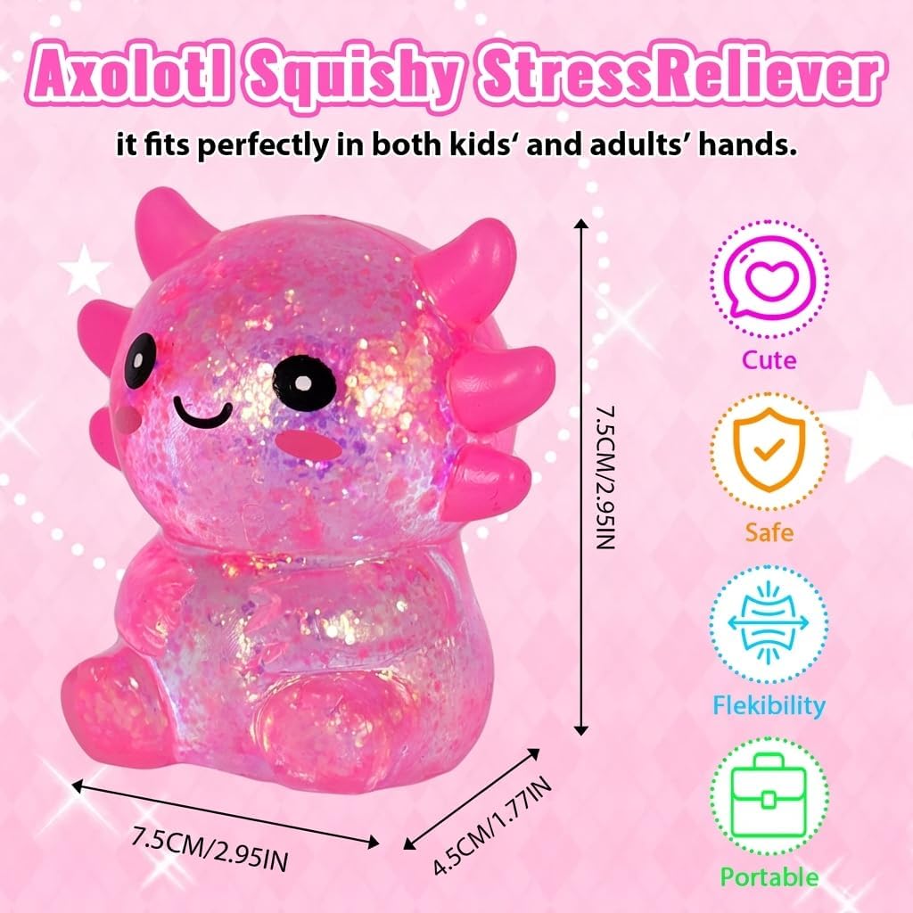 Axolotl Squishy Stress Relief Toy – Glitter Fidget Toy Cute Squeeze Toy for Kids & Adults, Sensory Anxiety Relief Squishy Toy, Party Favor Desk Fidget (Pink Sitting Style)
