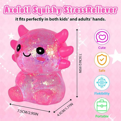 Axolotl Squishy Stress Relief Toy – Glitter Fidget Toy Cute Squeeze Toy for Kids & Adults, Sensory Anxiety Relief Squishy Toy, Party Favor Desk Fidget (Pink Sitting Style)