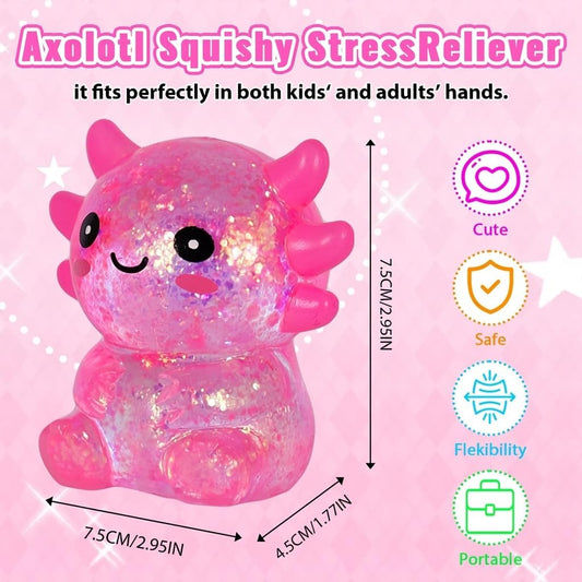 Axolotl Squishy Stress Relief Toy – Glitter Fidget Toy Cute Squeeze Toy for Kids & Adults, Sensory Anxiety Relief Squishy Toy, Party Favor Desk Fidget (Pink Sitting Style)