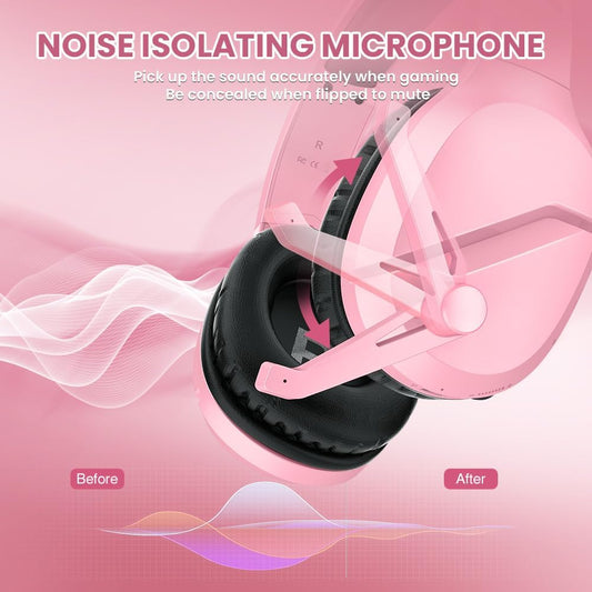 WolfLawS Wireless Gaming Headset with Noise Canceling Microphone for PS5, PC, PS4, 2.4G/Bluetooth Gaming Headphones with USB and Type-c Connector, Wired Mode for Controller - Pink