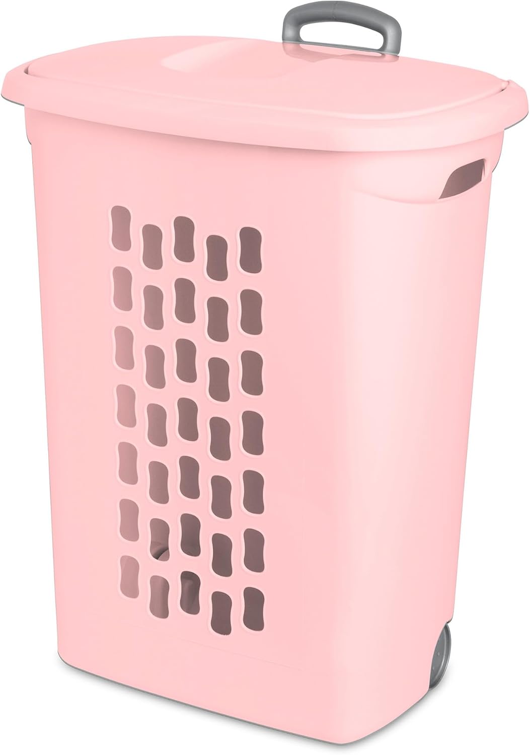 Sterilite 3 Pack Ultra Wheeled Hamper, Plastic Laundry Basket Clothes Bin with Wheels, Flip Top Lid and Retractable Handle, Pink Frost