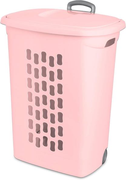 Sterilite 3 Pack Ultra Wheeled Hamper, Plastic Laundry Basket Clothes Bin with Wheels, Flip Top Lid and Retractable Handle, Pink Frost