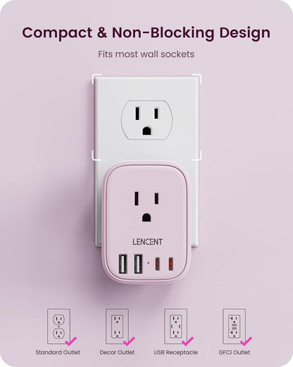 LENCENT Multi Plug Outlet Extender with USB C, 4 AC Electrical Outlet Expander with 4 USB Charger Cube, Small Multiple Wall Tap Plug Splitter for Home Office Travel Dorm Essentials - Pink