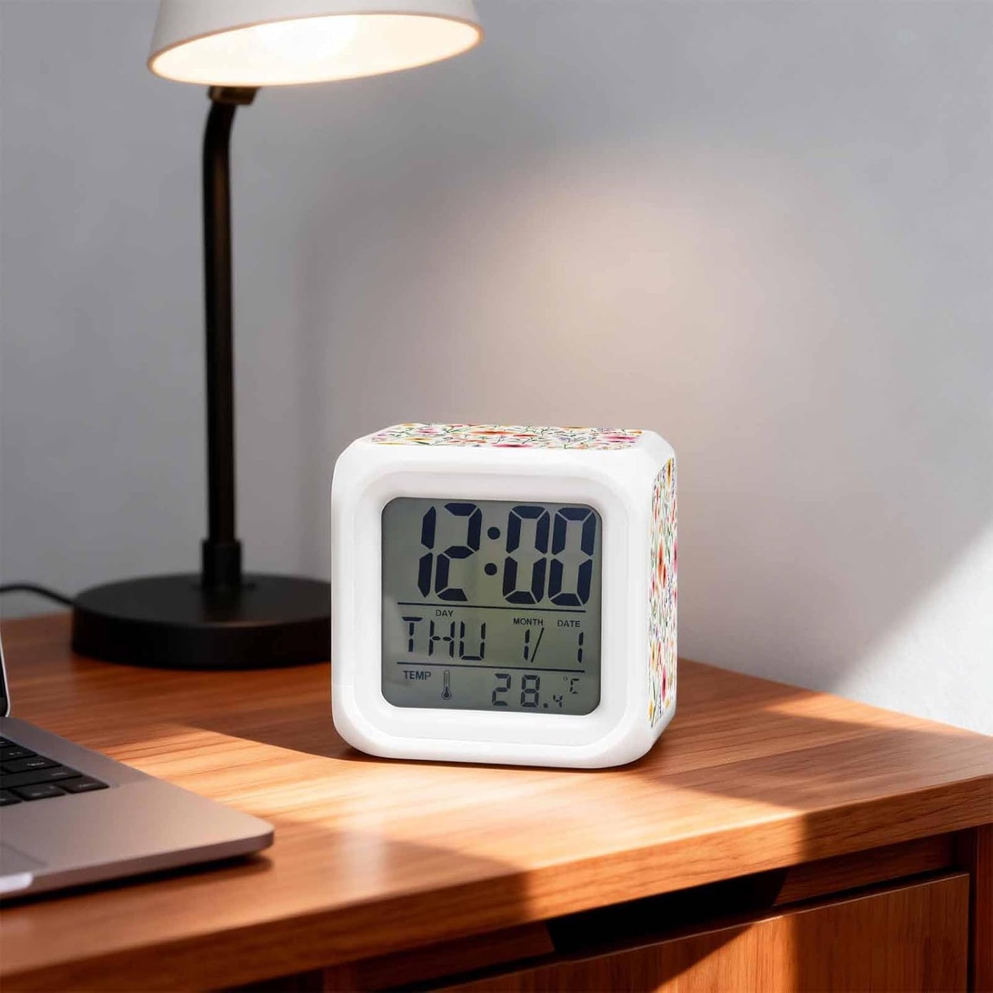 Spring Floral Alarm Clock, Pink Yellow Wildflowers Watercolor Botanical Digital Clock Night Light with 7 Color, Calendar Temperature Display, NightLight Clock for Bedroom, 3.2x3.2in