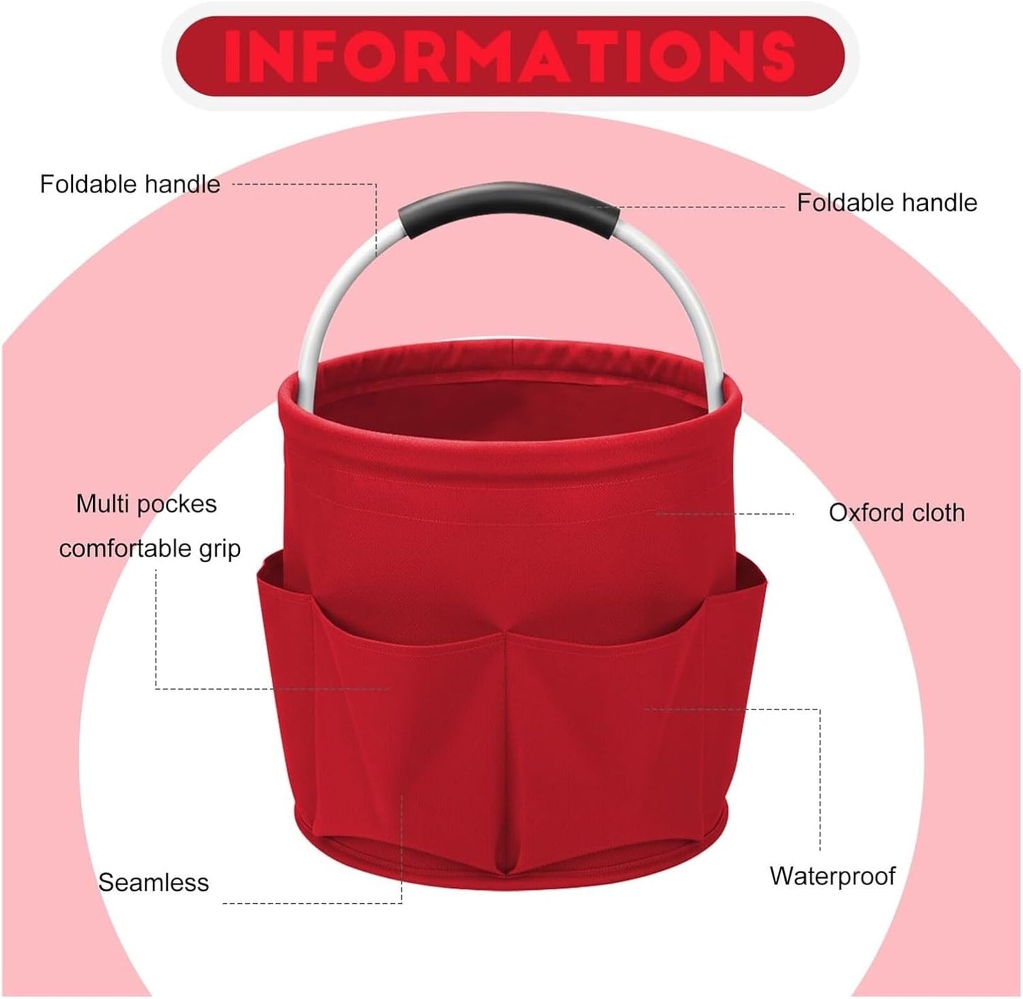17L Large Storage Organiser Bag Folding Basket Picnic Tote Outdoor Cleaning Caddy with Handled Tool Bag Cleaning Supplies(Light Pink)