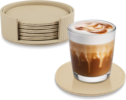 Leather Coasters Set of 6 with Holder, Tabletop Protection, Coffee Table & Bar Decoration, Modern-Style Drink Coasters Suitable for Home Dining Tables & Kitchen Accessories (Beige Stripe)