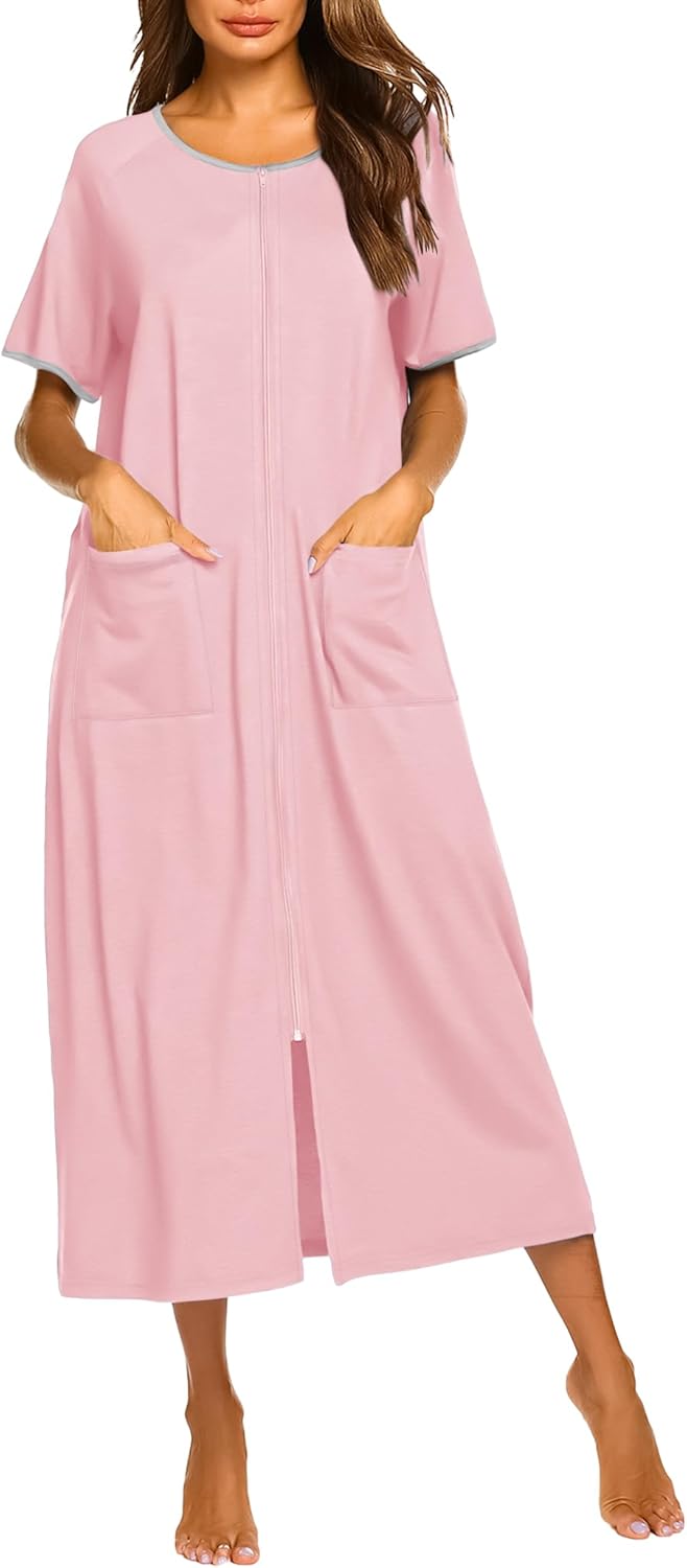 Ekouaer Women Robes Zipper Front Short Sleeve Full Length Housecoat with Pockets Loungewear S-4XL