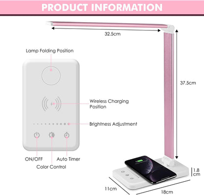 LED Desk Lamp with Wireless Charger, USB Charging Port, Desk Lighting with 10 Brightness, 5 Color Modes, Dimmable Eye Caring Reading Desk Lamps for Home Office, Touch Control, Auto Timer, Pink