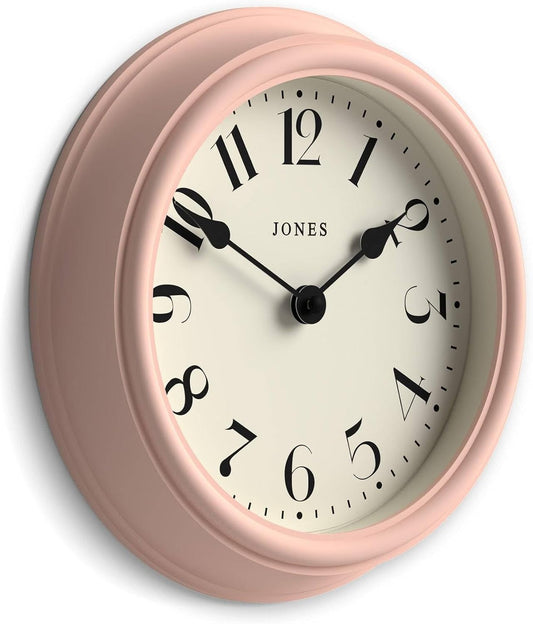 JONES CLOCKS® Frieze wall Clock | Small Elegant Classic Round Clock | 23cm | Pink | Pretty Design Ideal for the Kitchen, Living Room, Bedroom, Large or Small Spaces