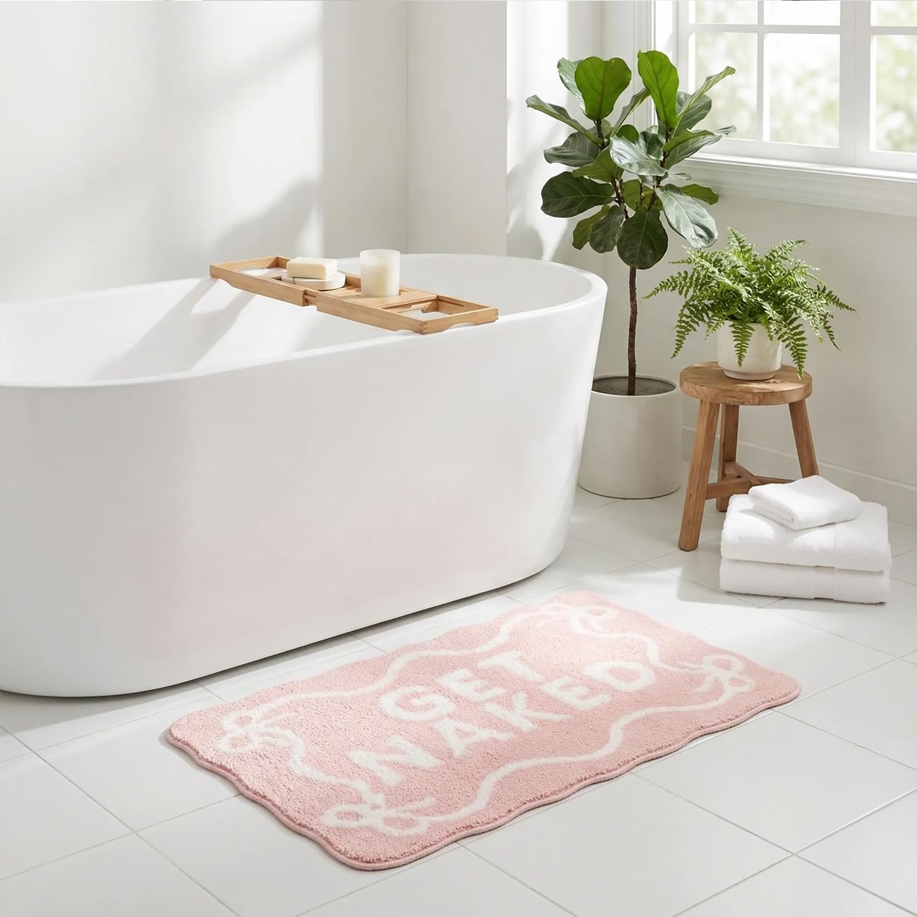 Light Pink Bow Get Naked Bath Mat Scalloped Bow Bathroom Rugs Cute Tufted Soft Water Absorbent Quick Dry Bath Mats for Bathroom Toilet Non Slip Bath Rug Aesthetic Decor Carpet, 20" x 32"
