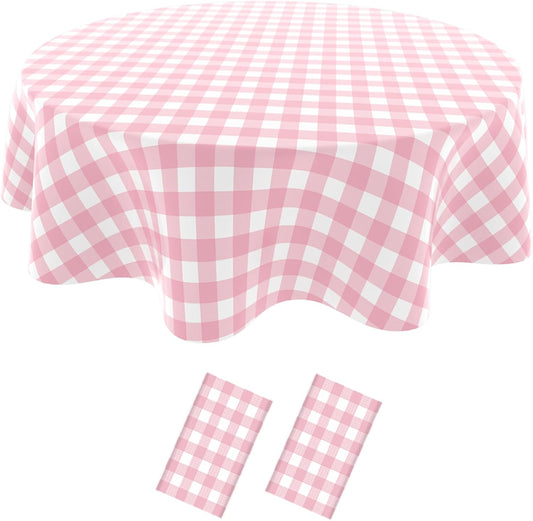 2 Pack Checkered Tablecloth，Plastic Table Cloth Disposable，84 Inch Round Gingham Tablecloth for Parties - Pink