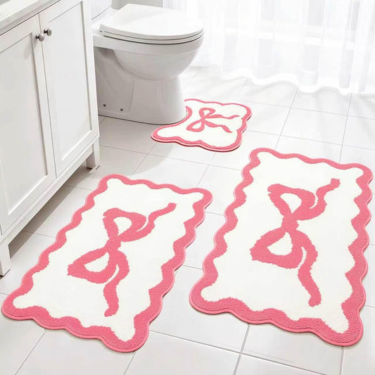 Pink Bow Bathroom Rug Mat Set 3 Piece, Microfiber Shaggy Bath Set, Non-Slip Ultra Soft Carpet Mats, Absorbent with U-Shaped Toilet for Bathroom, Tub, Shower (Pink)
