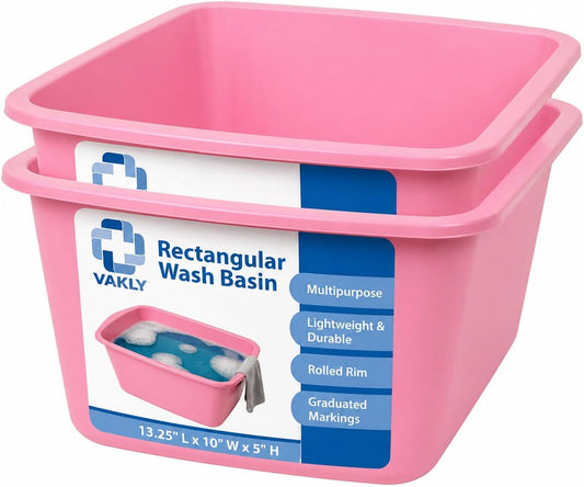 Vakly Wash Basins – Rectangular Plastic Hospital Bedside Soaking Tub (Pack of 2) Small 7 Qt Graduated Bucket - Portable Washbasin for Washing, Cleaning, Foot Bath, Dishes, Face Cleansing Bowl