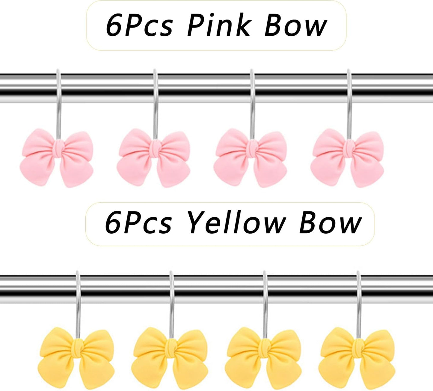 12Pcs Shower Curtain Hooks, Pink Yellow Bow Resin Shower Curtain Hooks, Cute Decorative Girly Metal Hangers, Lovely Girls Curtain Rings for Home Dormitory Bathroom Waterproof Decor, Rust Proof