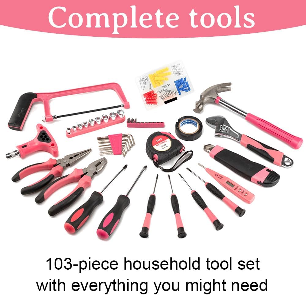 103Piece Pink Tool Set,Household DIY Tool Box for Women With Storage Case,Home, Office and College Dorm Toolkit of Starter Basic Ladies Tools