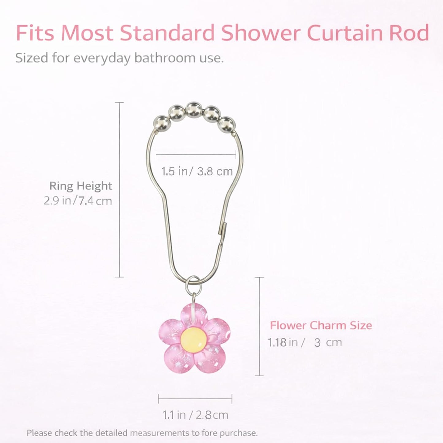 12 Pcs Pink Bow Shower Curtain Hooks, Decorative Shower Curtain Rings Rust Proof, Cute Aesthetic Bathroom Curtain Hooks for Girls, Teens & Women (Light Pink Flower)