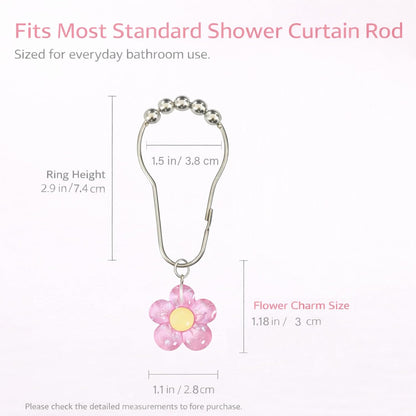 12 Pcs Pink Bow Shower Curtain Hooks, Decorative Shower Curtain Rings Rust Proof, Cute Aesthetic Bathroom Curtain Hooks for Girls, Teens & Women (Light Pink Flower)