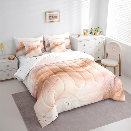 Erosebridal Marbling Twin Bedding Set - Peach Pink Marble Bed in A Bag,Watercolor Ink Paintings Comforter Sets with Sheets, Abstract Texture 7 Pieces Bed Set Bedroom Decor