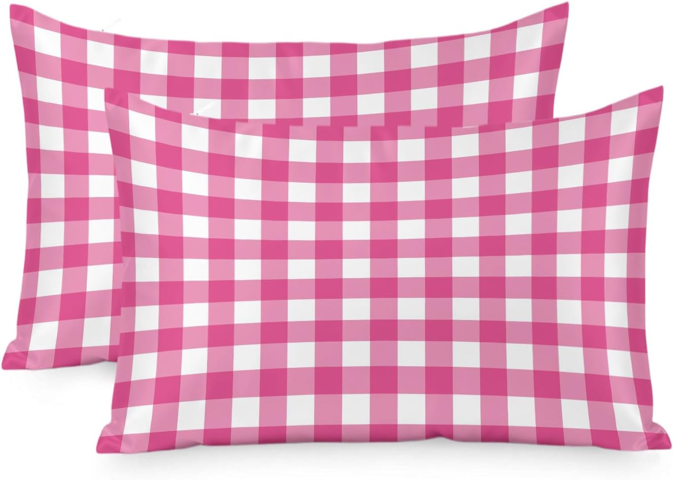 Peach Pink Checked Satin Pillowcases Standard Size Set of 2 Cooling Farmhouse Buffalo Plaid Country Grid Silk Pillow Cases for Hair and Skin Smooth Soft Zippered Throw Pillow Covers for Women 20"x26"