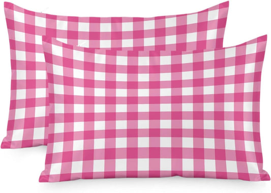 Peach Pink Checked Satin Pillowcases Standard Size Set of 2 Cooling Farmhouse Buffalo Plaid Country Grid Silk Pillow Cases for Hair and Skin Smooth Soft Zippered Throw Pillow Covers for Women 20"x26"