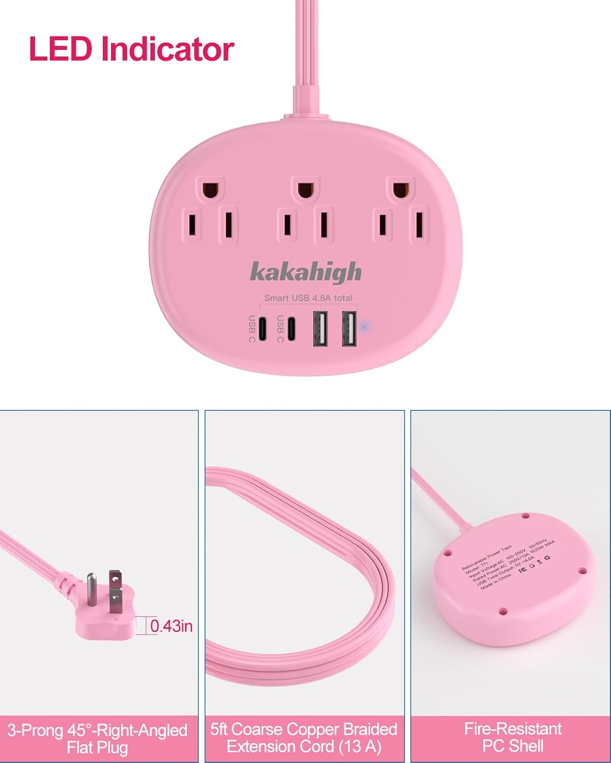 Pink Extension Cord with USB C - 5 FT Kawaii Power Strip, 1625W Cute Extension Cord with 3 AC Outlet 4 USB (24W/4.8A), Compact for Cute Pink Kawaii Desk Home Essentials