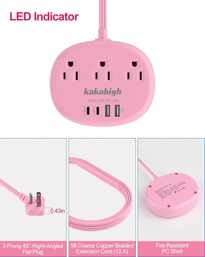 Pink Extension Cord with USB C - 5 FT Kawaii Power Strip, 1625W Cute Extension Cord with 3 AC Outlet 4 USB (24W/4.8A), Compact for Cute Pink Kawaii Desk Home Essentials