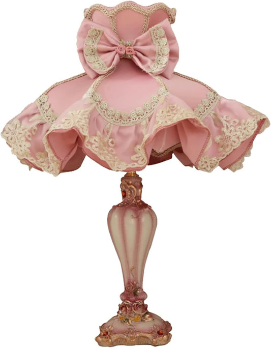 European Style Pink Table Lamp Fabric Drum Shade Victorian Antique Resin Base Decor Lace Bow Romantic Bedside Desk Nightstand Lamp for Girl's Bedroom Living Room Entryway Bookcase Night Light