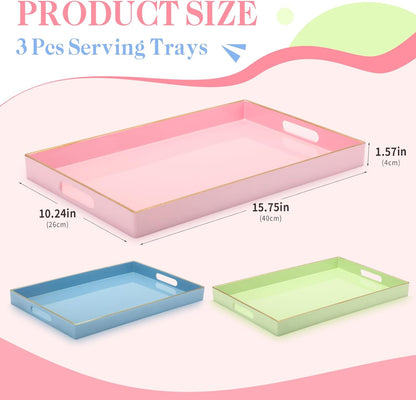 Vesici 3 Pcs Decorative Serving Trays with Handles Lacquer Serving Trays 15.75" X10.24" Plastic Platters for Coffee Table, Ottoman, Valentine's Day Home Decoration(Blue, Green, Pink)
