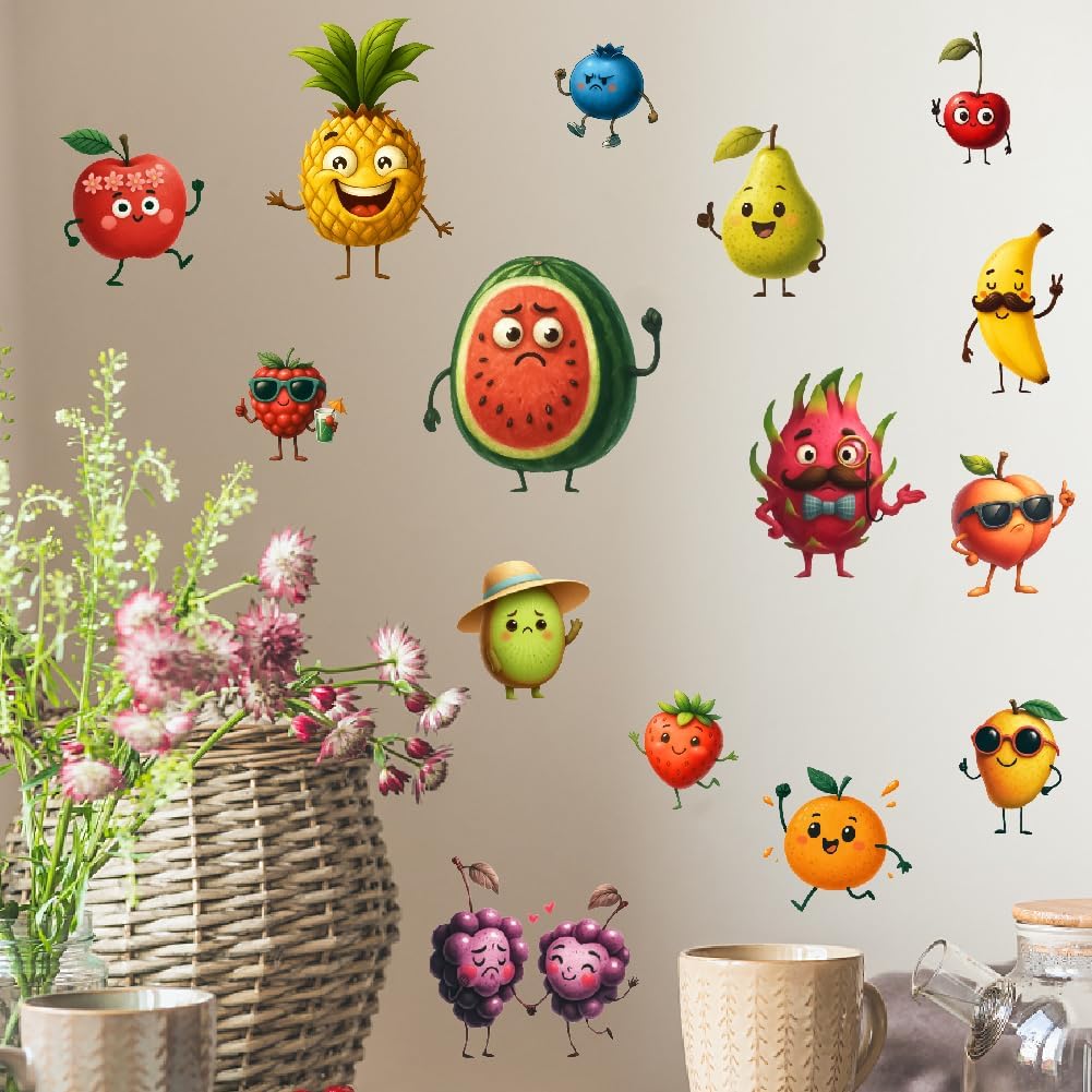 SUPERDANT 15pcs Cartoon Fruits Wall Sticker Pineapple Peach Kitchen Wall Decal Peel and Stick Vinyl Art Decals Home Decor for Dining Room Kids Room Bedroom Livingroom Classroom Decoration Gifts