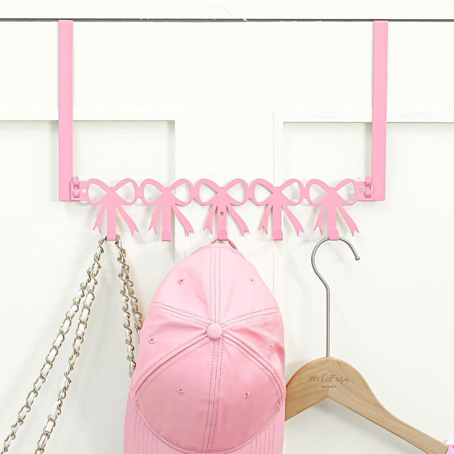 AceOrbit Pink Bow Over The Door Hooks Hanger Wall Mount Towel Hanger Door Holder Organizer 5 Hooks Kawaii Farmhouse Rustic Coquettish Style Decor for Bedroom Bathroom Towel Hat Clothes