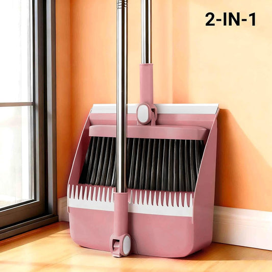2-in-1 Broom with Dustpan Combo Set,Long Handle Broom Dustpan Combo with Dustpan Teeth to Automatically Clean Hair for Home, Indoor or Outdoor Cleaning Hall Floor (Pink)