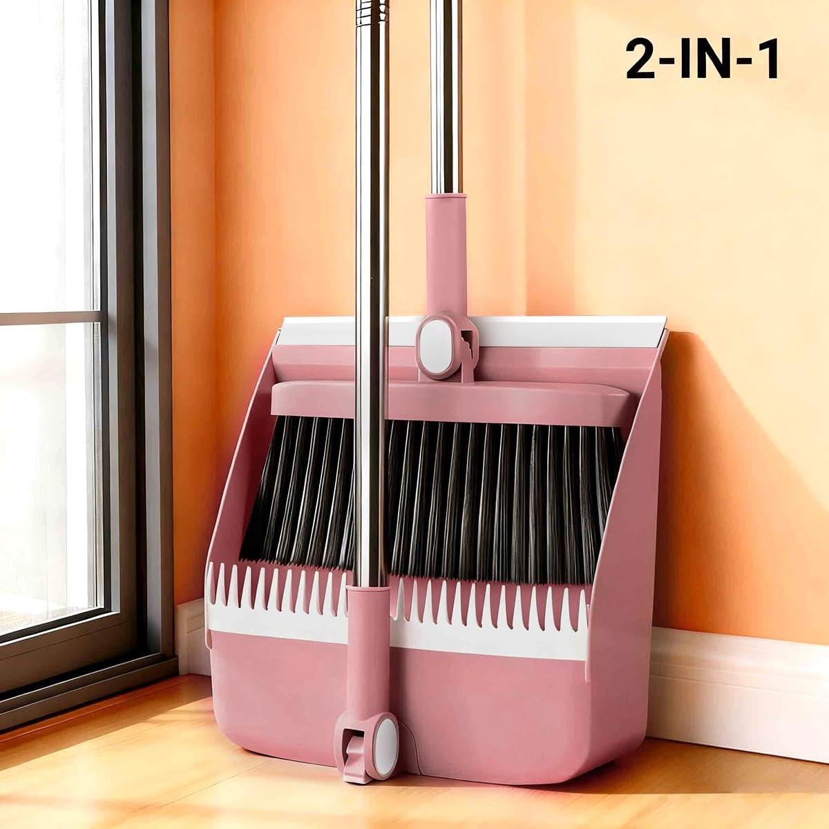 Broom and Dustpan Set, Long Handle Standing Broom with Self-Cleaning Comb Teeth, Heavy Duty Broom Dustpan Combo for Home Kitchen Office Floor Pet Hair Cleaning (Pink)